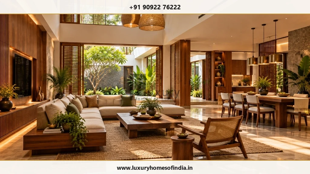 Contemporary Tamil Nadu villa interior with coordinated teak joinery, natural stone flooring, and warm cove lighting