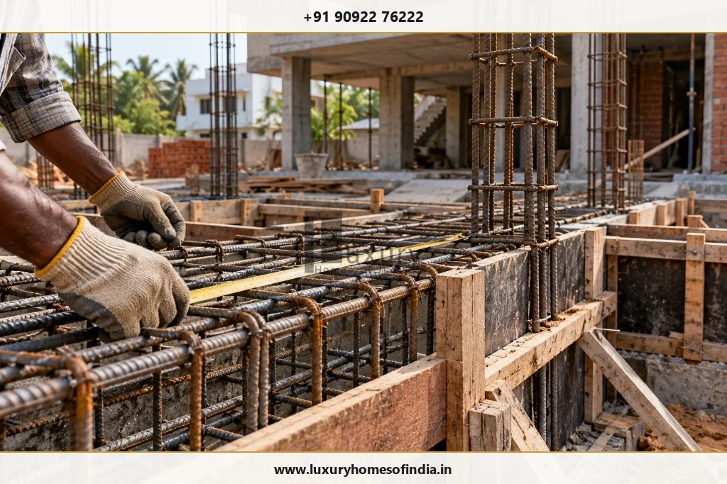 Civil construction site with structural steel rebar column cage measurement and shuttering inspection