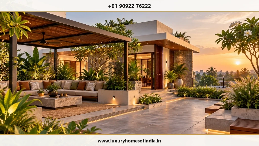 Contemporary Chennai rooftop terrace with shaded seating, planting and integrated home architecture