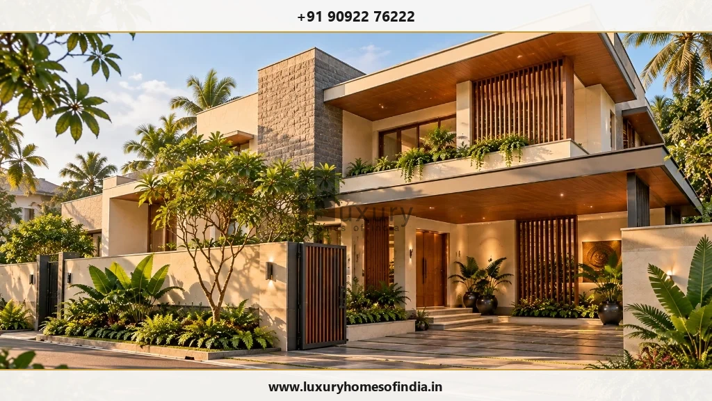 Contemporary luxury villa architecture in Chennai featuring shaded entrance and tropical landscaping