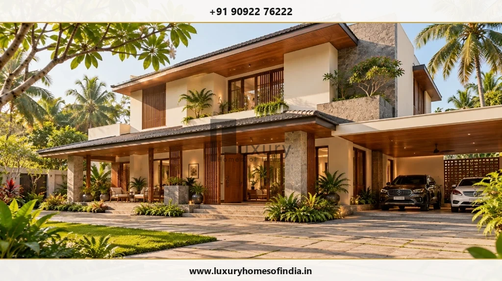 Contemporary Tamil Nadu villa showing the relationship between main building, covered parking and landscaped grounds