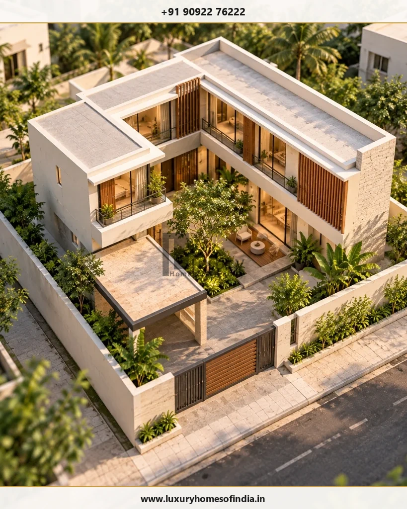 Photorealistic architectural massing model showing alternative floor arrangements, a courtyard and outdoor-space allocation on a Chennai residential plot