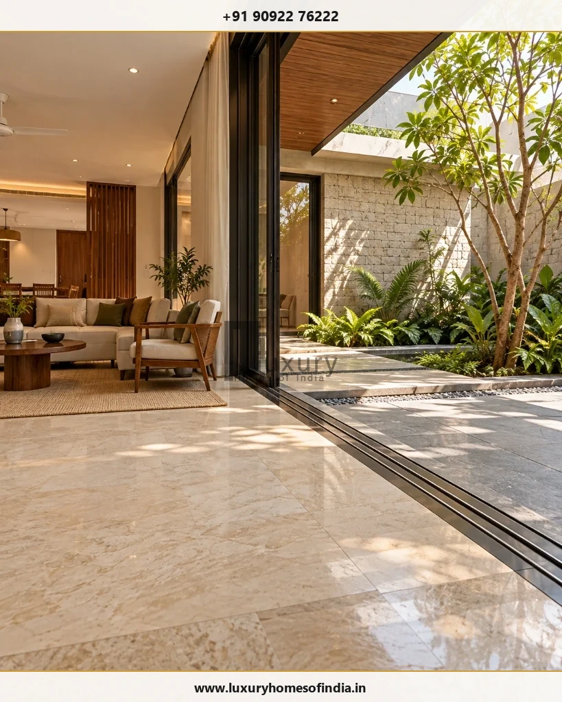 Seamless indoor-outdoor living transition in contemporary luxury villa with Italian marble continuing to courtyard