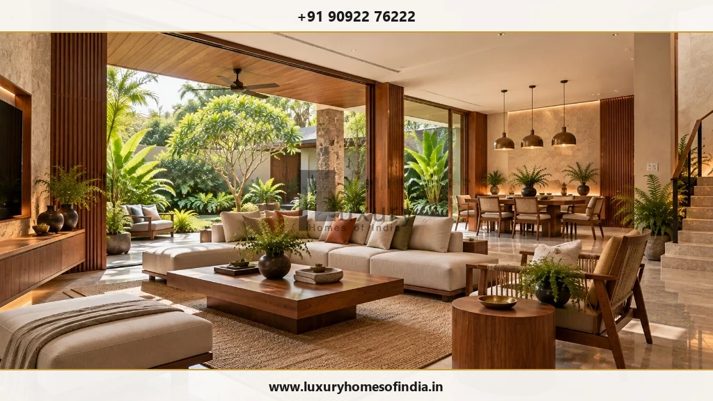 Contemporary Tamil Nadu villa interior with a connected living and dining space opening to garden greenery
