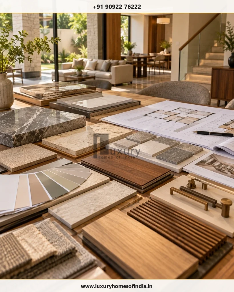 Luxury home finish schedule and approved material specifications with marble slabs, wood veneers, fabrics and architectural plan