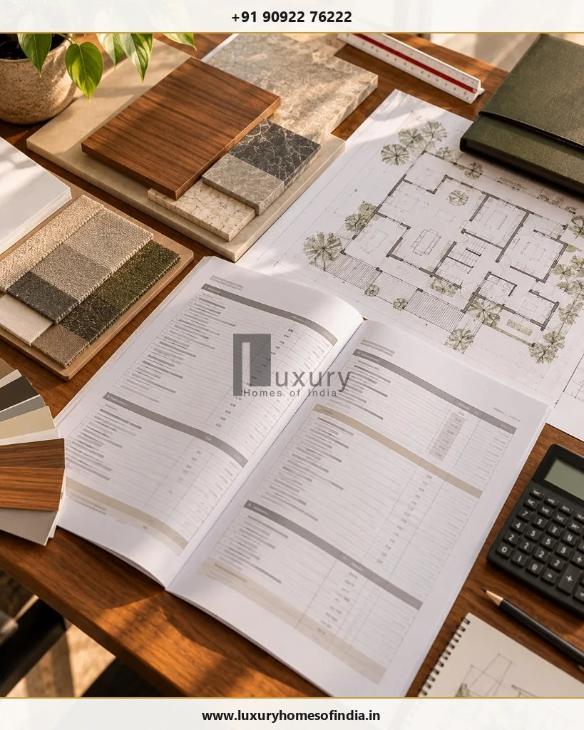 Residential construction workbench showing material schedules, BOQ documents and specification samples