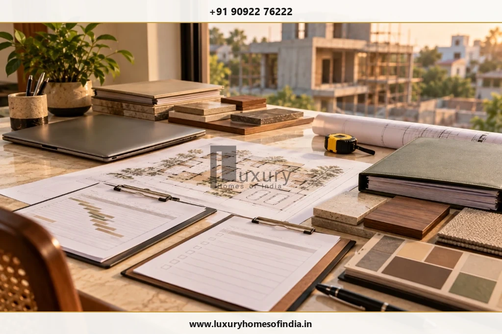 Material samples, a BOQ, and a quantity reconciliation worksheet for residential construction budgeting.