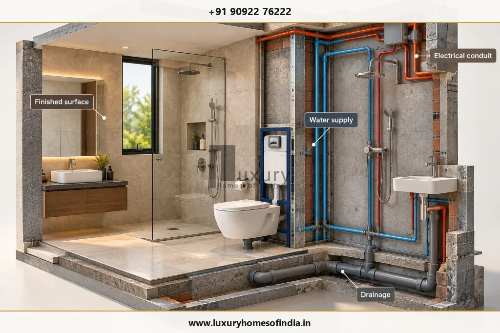 Photorealistic 3D cutaway of a residential bathroom showing coordinated plumbing, electrical provisions and finished sanitaryware
