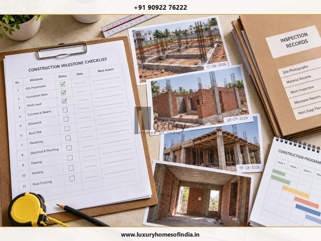 Milestone checklist tracker beside dated site photographs and inspection records