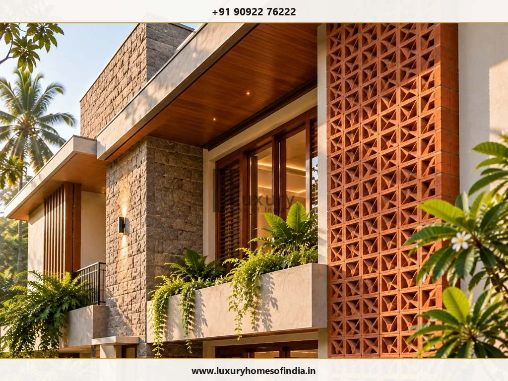Modern South Indian façade showing shading, material transitions and landscape integration