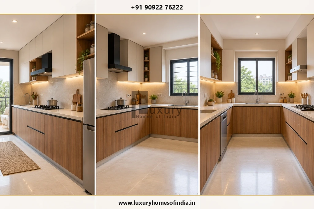Side-by-side visual comparison of straight, L-shaped, and U-shaped modular kitchen layouts showing cabinetry scope differences.