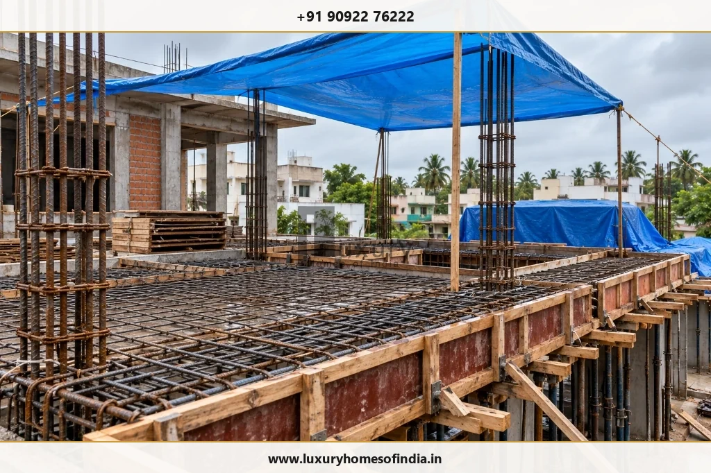 Reinforcement and formwork prepared for a residential concrete pour with weather protection canopy in Chennai