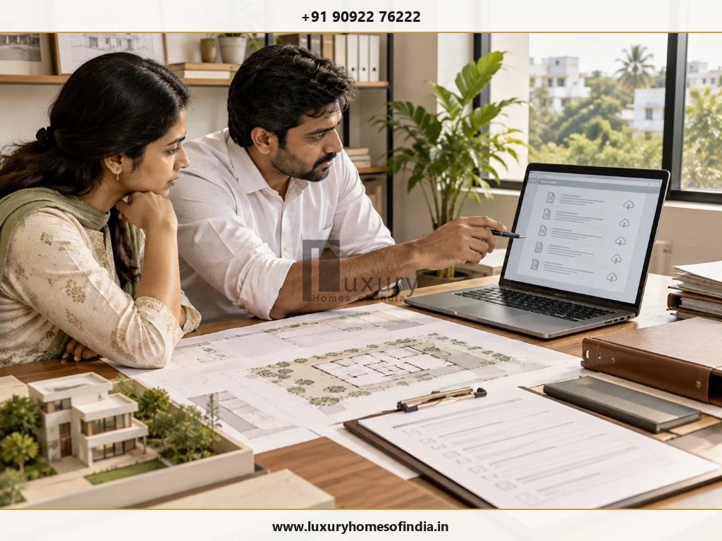Homeowner and registered architect checking property records against digital application checklist on laptop with printed plans