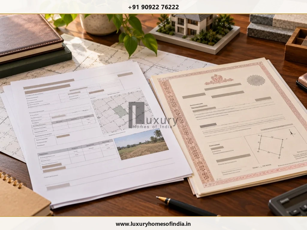 Patta-related land revenue record document beside registered title deed with survey map