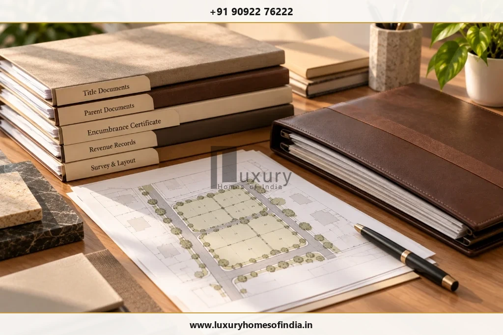 Stacked property file folders with tabs for Title Documents, Parent Deeds, EC, Revenue Records, and Survey Layout