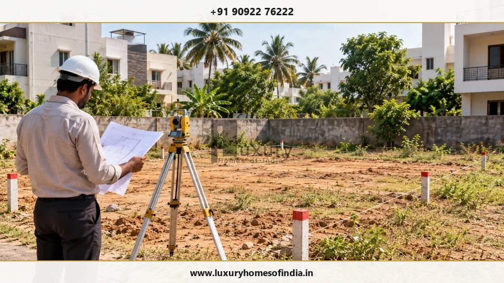 Tamil Nadu residential plot with surveyor examining property boundaries and documents