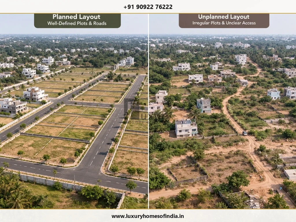 An approved layout plan contrasted with an unverified plot subdivision