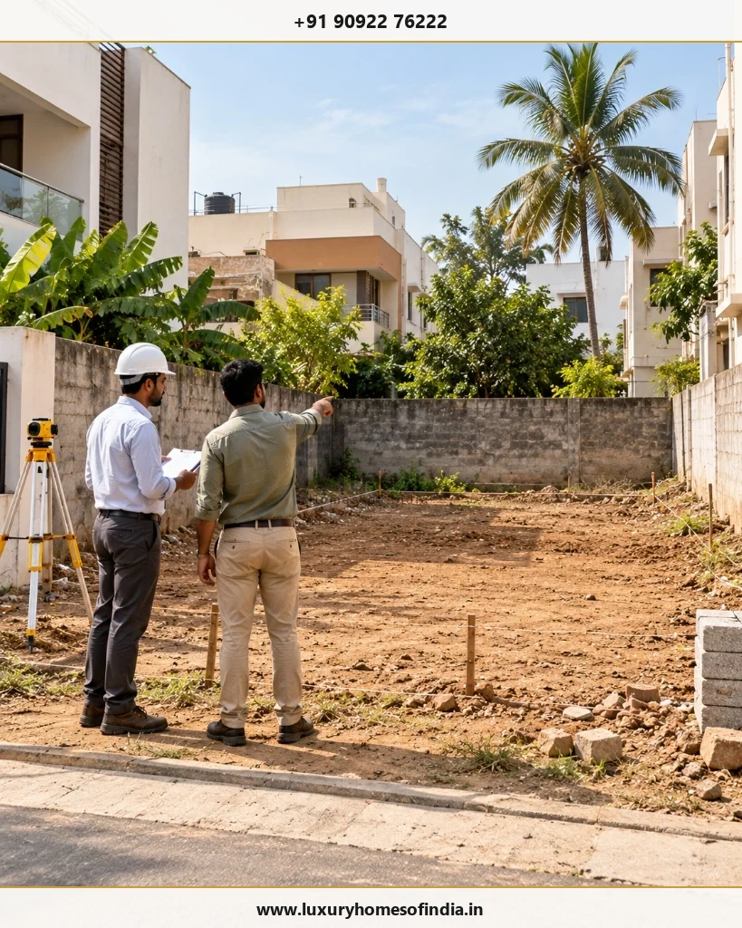 An architect's working review of a compact Indian house layout alongside a real site-level assessment