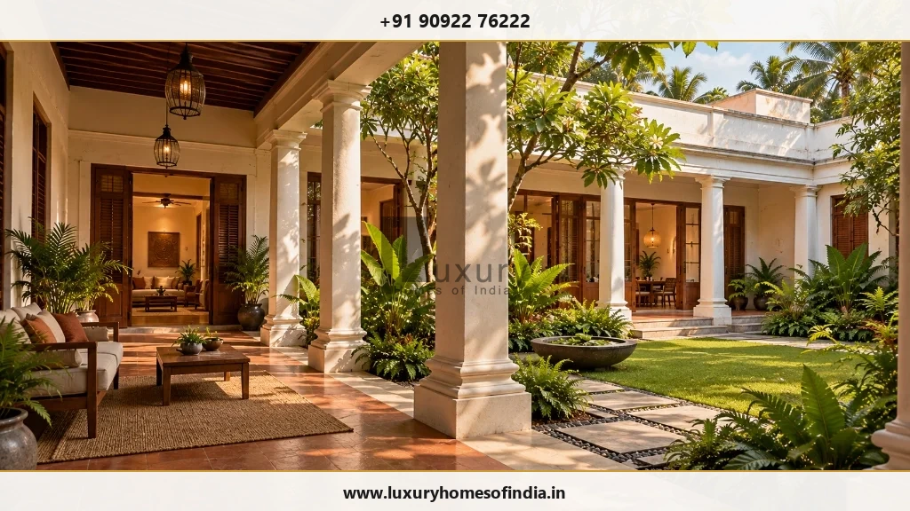 Pondicherry heritage contemporary villa with classic white pillars and terracotta tiled veranda
