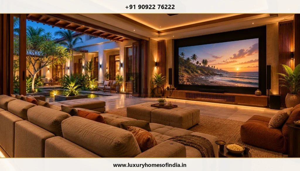 Heritage-contemporary Pondicherry-inspired entertainment room connected to a South Indian residence