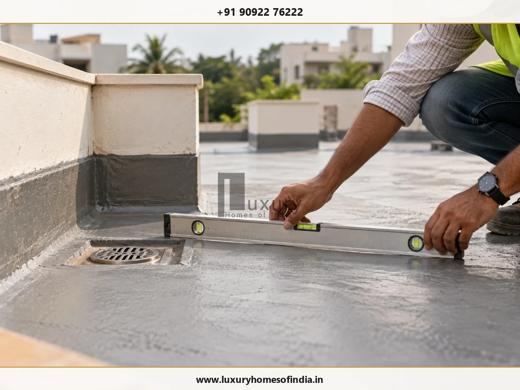 Civil engineer using a spirit level to verify terrace waterproofing gradient and rainwater drainage outlet alignment.