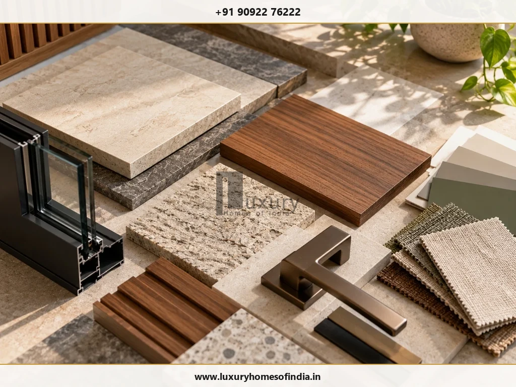 Coordinated flooring, joinery, window section profile, and finish samples for specification review
