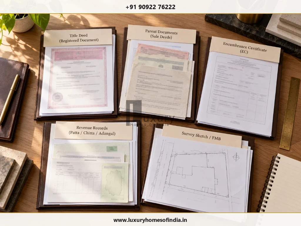 Property document comparison workspace showing title deeds, EC, revenue records and FMB clipboards