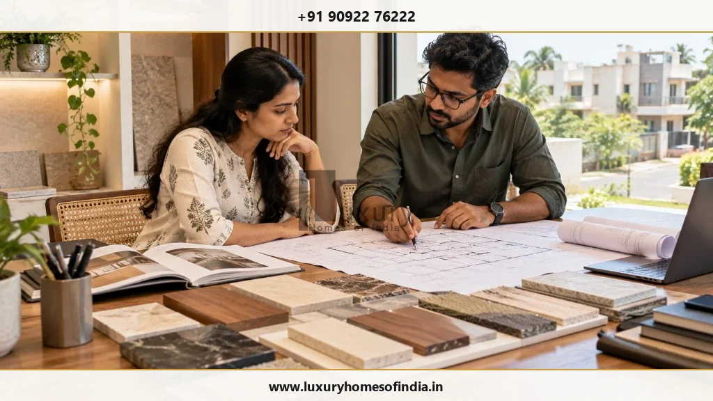 Homeowners reviewing villa plans and construction specifications with a building professional in Chennai