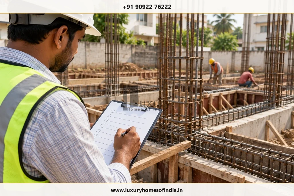 Construction engineer checking an illustrative reinforcement and concrete inspection checklist before a pour in Chennai