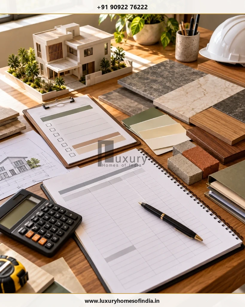 A construction planning workspace with a cost schedule, material samples and stage-by-stage budget tracking