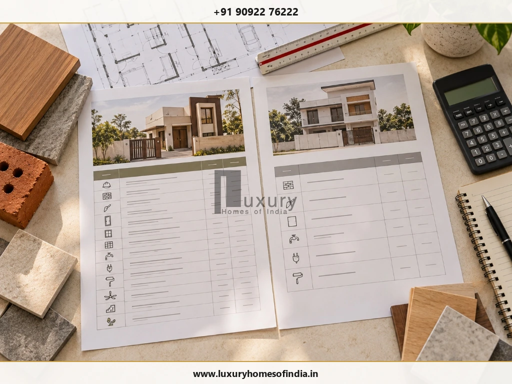 Two residential construction quotations showing differing inclusions, exclusions, and material allowances with cost calculations.