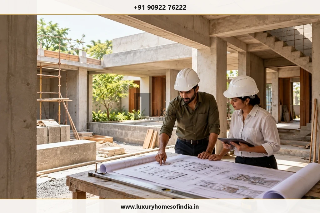 Civil engineers and site supervisors reviewing structural drawings and construction sequencing inside an active reinforced concrete villa framework.