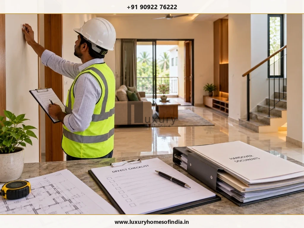Engineer conducting handover inspection with defect checklist and handover documents binder