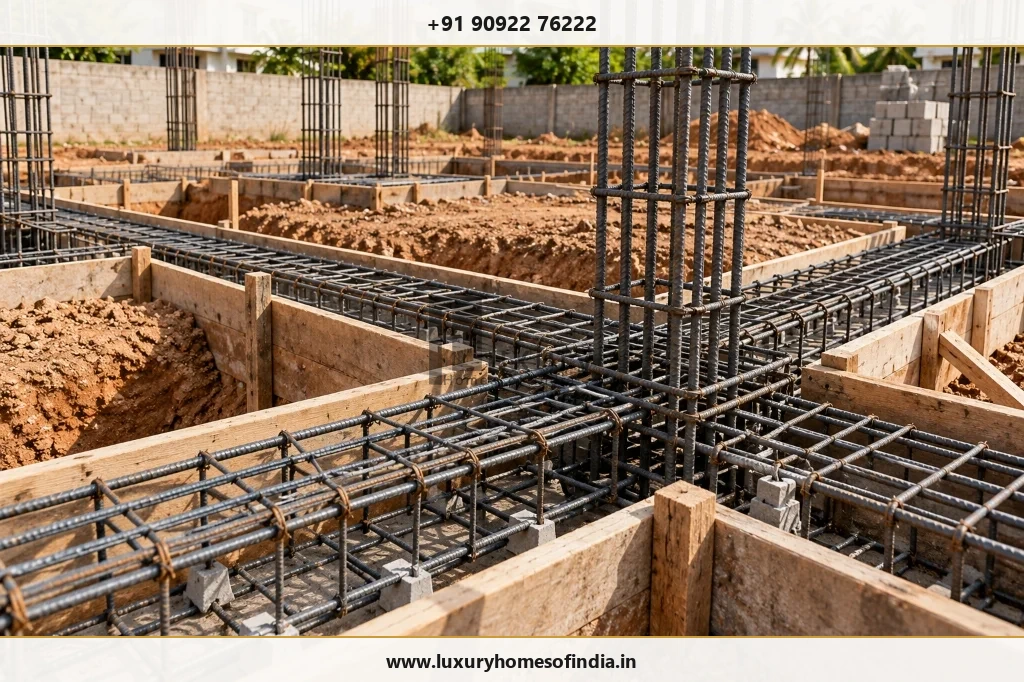 Reinforced steel rebar cages and formwork shuttering in residential foundation footing trenches before concrete pour