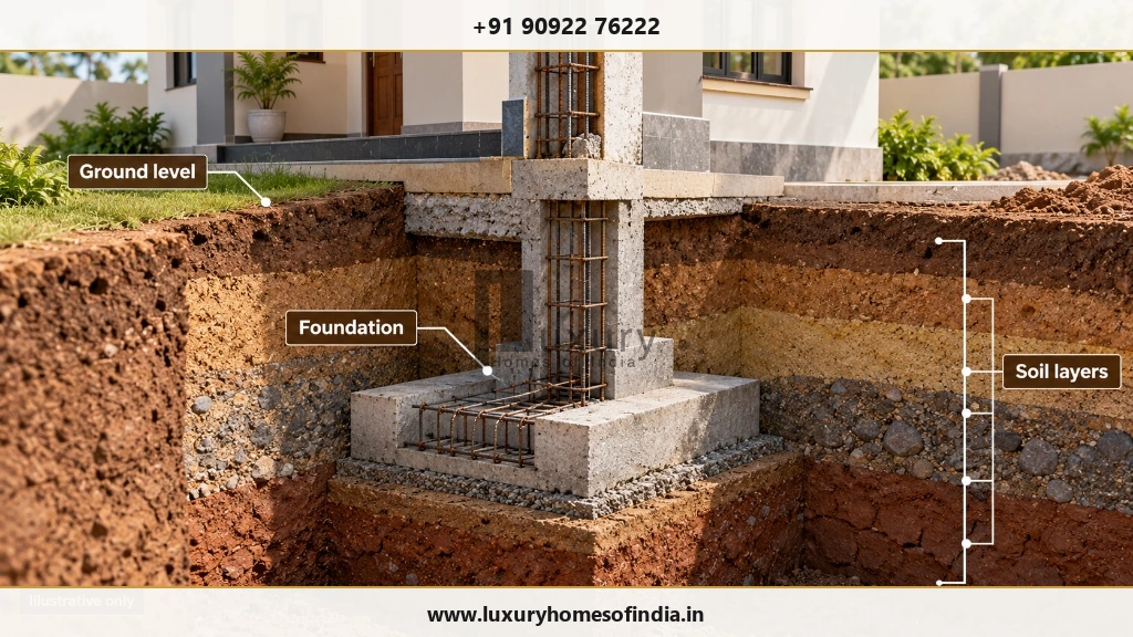 Photorealistic 3D architectural cutaway diagram illustrating residential foundation depth, concrete footing, and stratified soil layers.