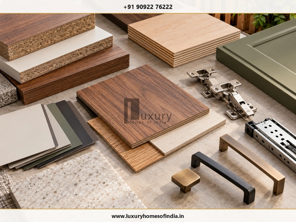 Cabinetry substrates, laminate, veneer swatches, soft-close hinges, and hardware used in residential interiors.