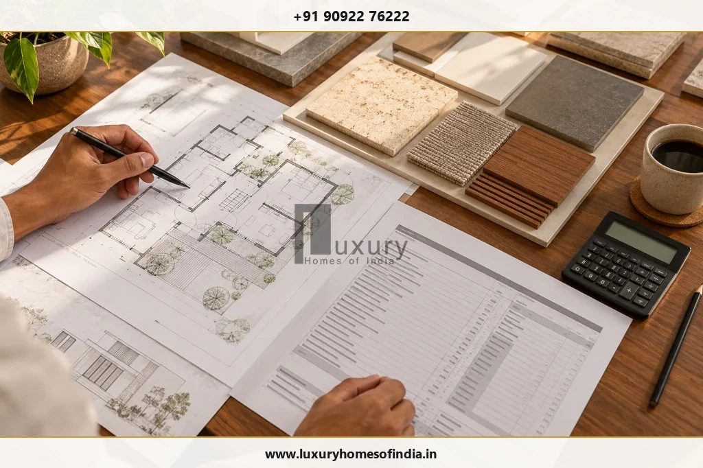 A professional reviewing a BOQ, material specification schedule and floor plan at a residential project meeting