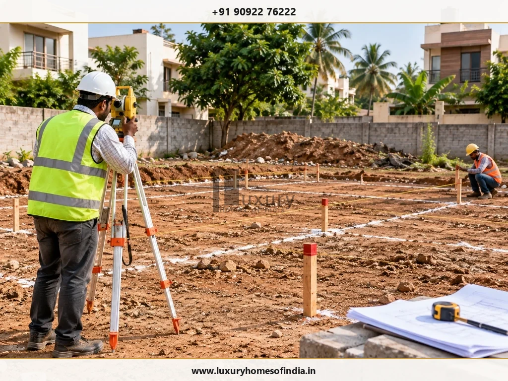 Surveyor setting out residential plot boundaries and foundation gridlines on a site in Chennai