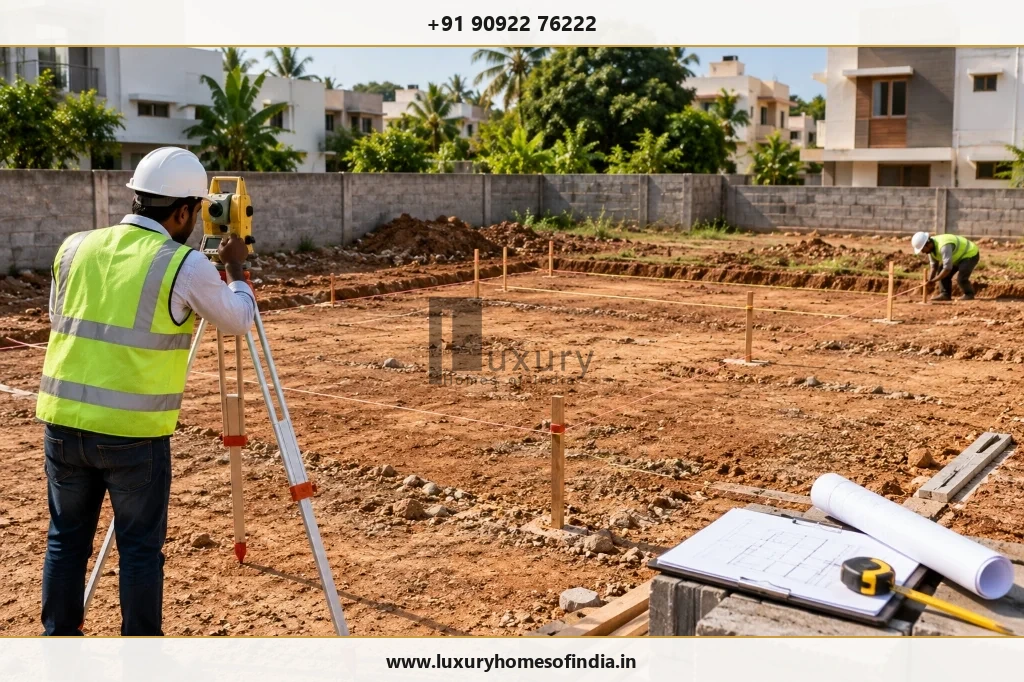 Surveyor using a total station on a residential construction plot with reference levels and gridline markers