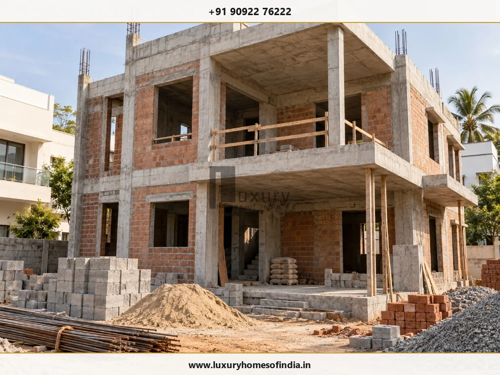 Documentary-style view of a residential structure at a defined construction stage