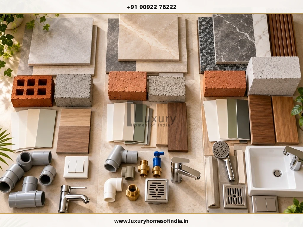 Three material-selection boards showing differences in flooring, paint, masonry and bathroom fittings