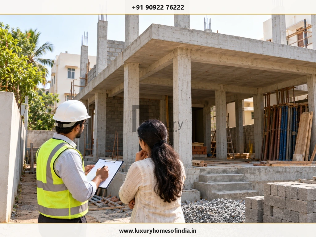 A homeowner and qualified construction professional inspecting completed residential structural work against documented milestone criteria