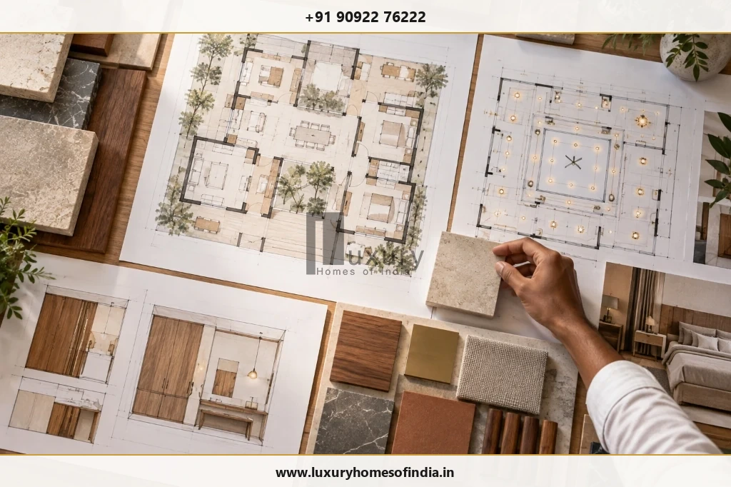 Reviewing luxury home architectural drawings, room layouts, and material finish schedules before construction.