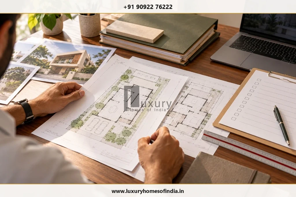 A registered professional reviewing a residential site plan and drawing set with checklist and laptop