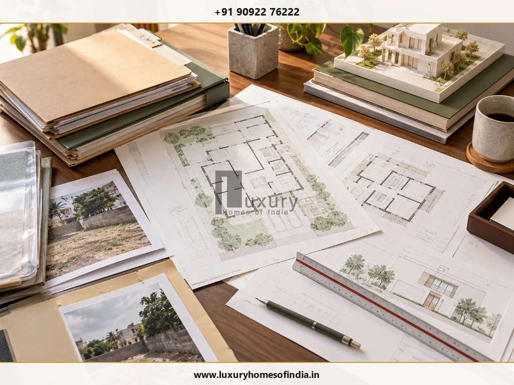 Architectural drawings and property records arranged on a clean desk for self-certification due diligence