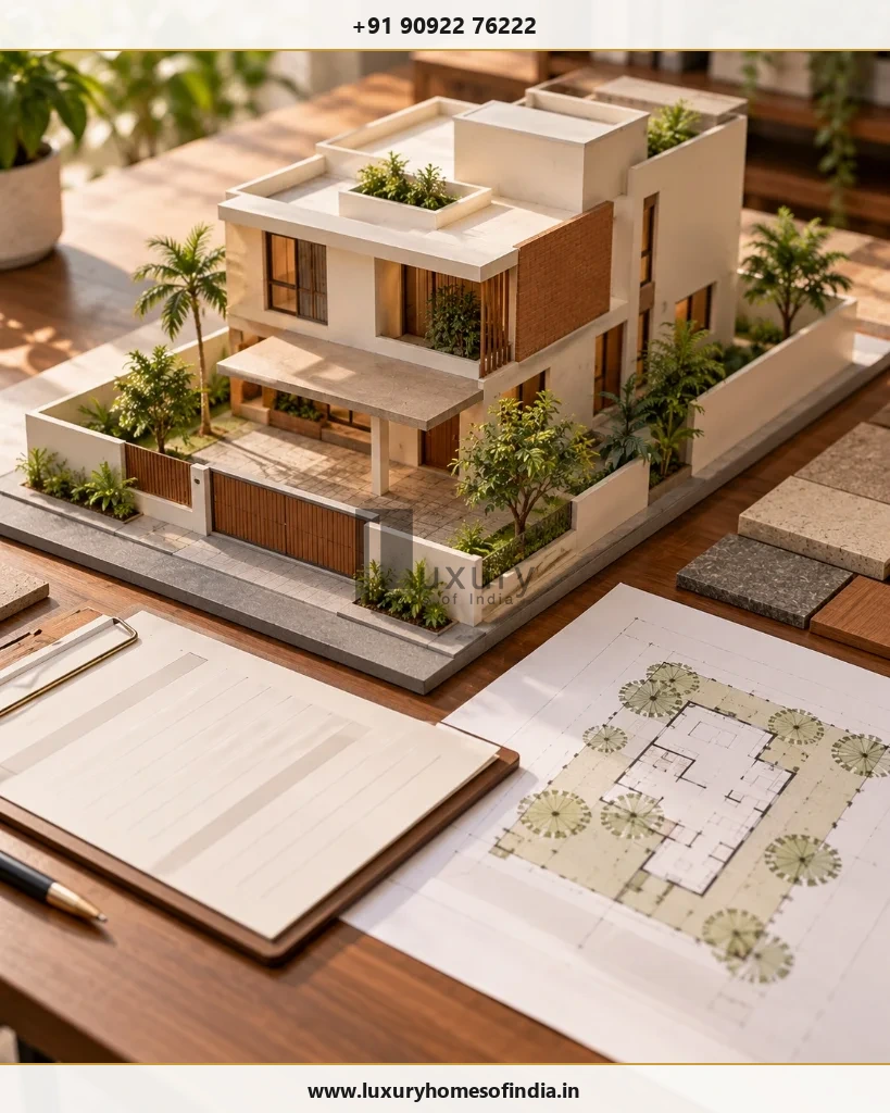 Architectural study of a compact ground-plus-one-floor Indian residence with site plan and area schedule