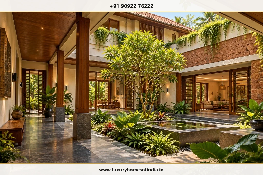 Shaded courtyard and contemporary tropical home in South India with lily pond