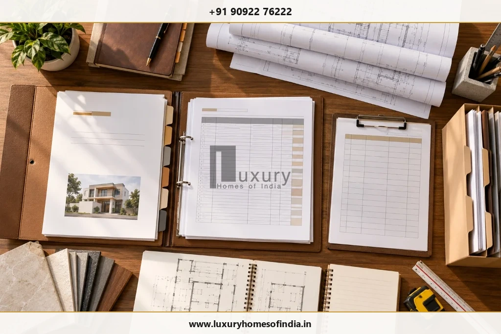 Architectural blueprints, BOQ documentation binder, drawing registers, and measuring tools on desk