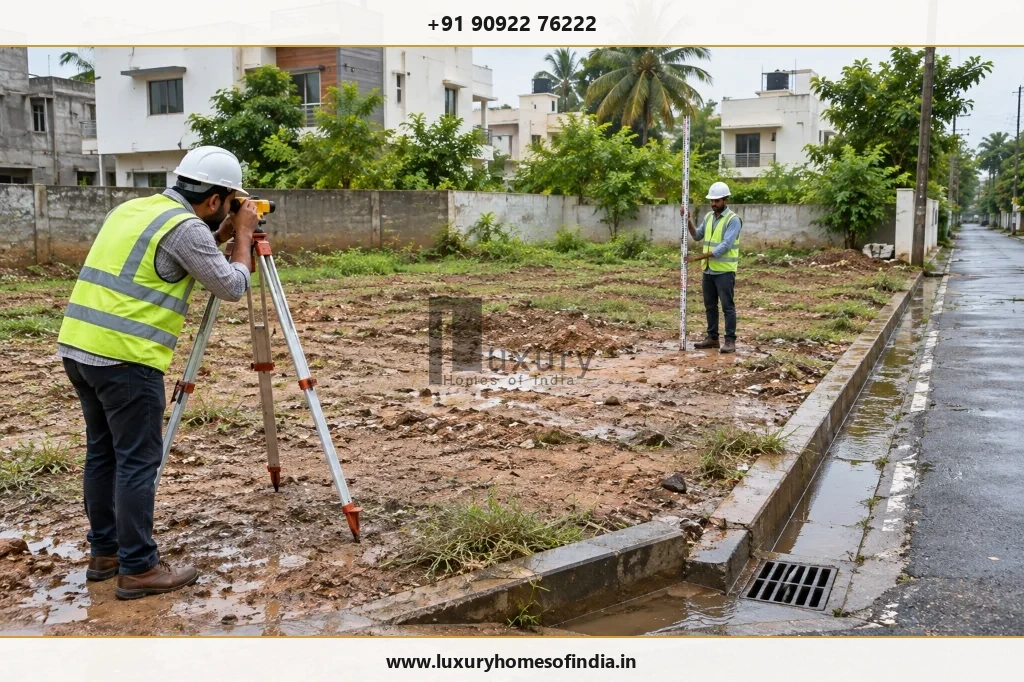 Civil engineers conducting level survey with optical dumpy level on an open Chennai plot beside roadside drainage