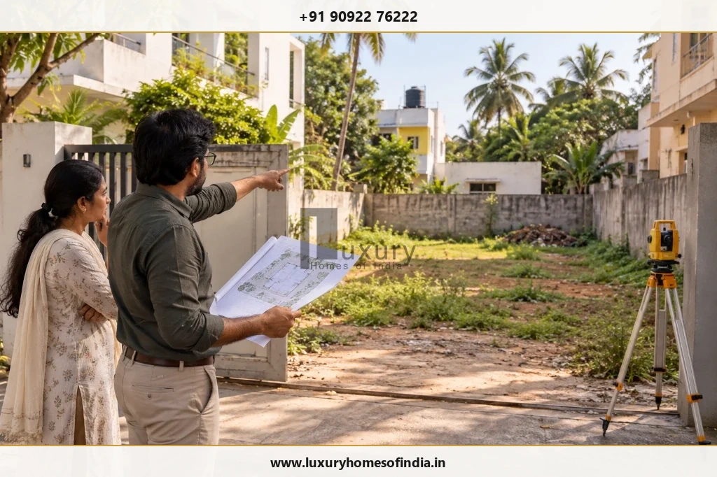 Total-station site survey and physical boundary verification before finalizing luxury villa architectural concepts
